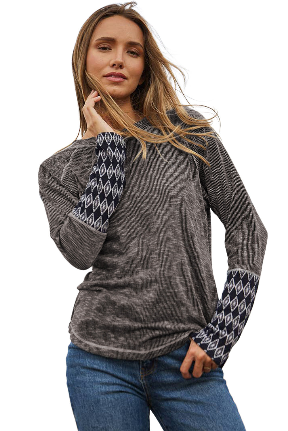 Graues, geripptes Langarm-Top mit Azteken-Patchwork