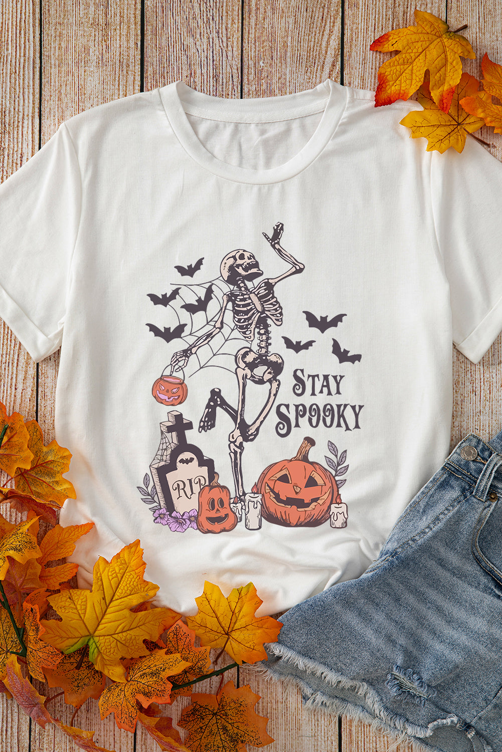 Halloween-T-Shirt mit Totenkopf-Kürbis-Gesicht, Motiv: STAY SPOOKY, Grafik