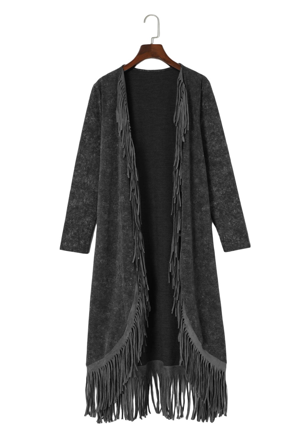 Schwarzer offener Cardigan mit Fransensaum und Taschen