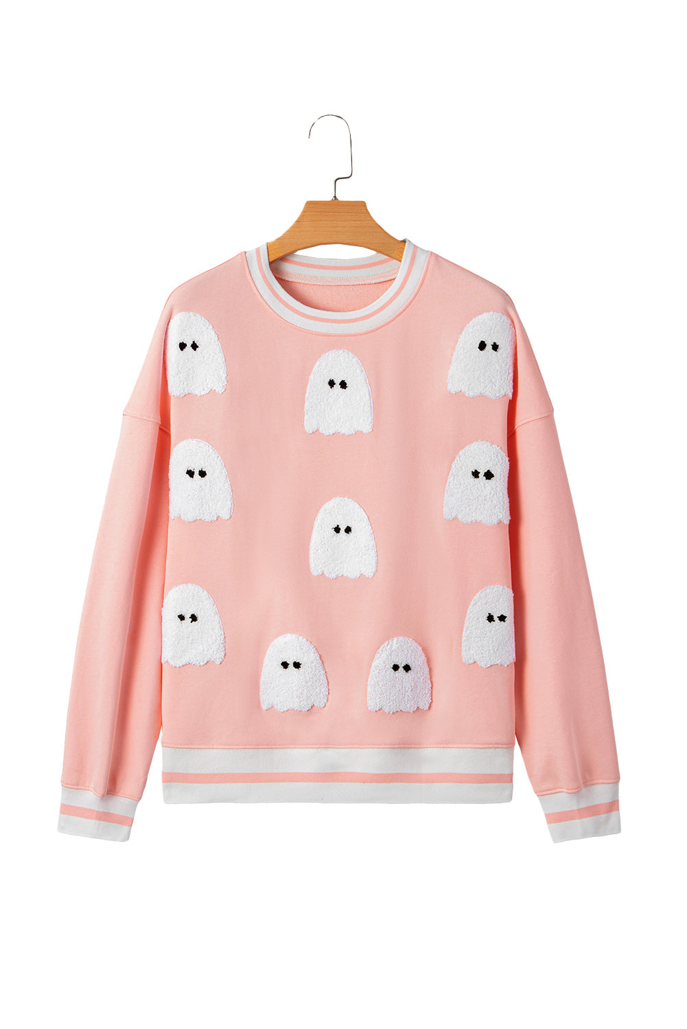 Gossamer Pink Halloween Terry Ghost Striped Trim Loose Sweatshirt