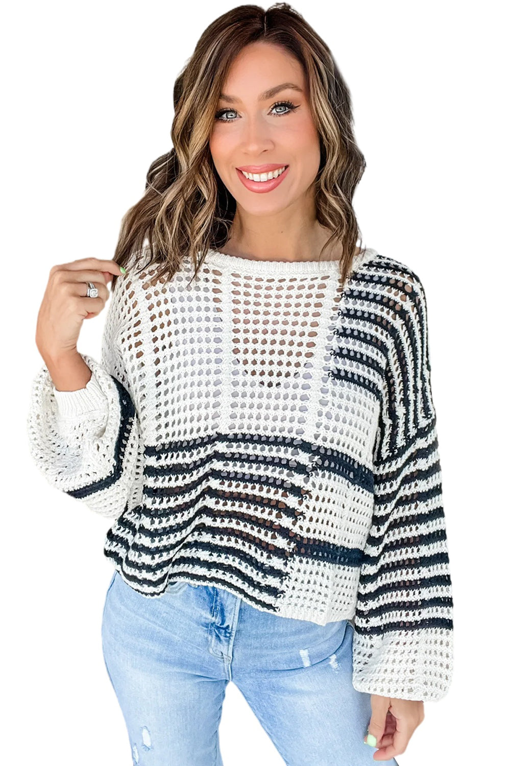 Weißer gestreifter Pullover mit durchbrochenem Strickmuster und Puffärmeln