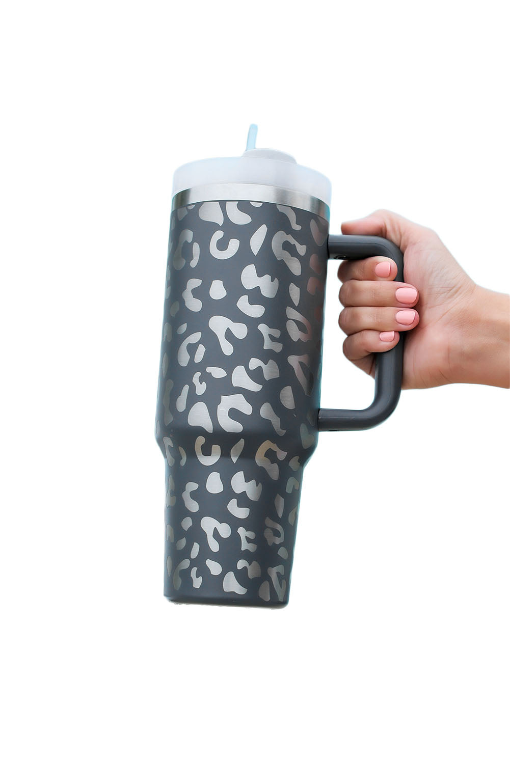 Tragbarer Becher aus Edelstahl mit Henkel, grau, Leopardenmuster, 40 oz