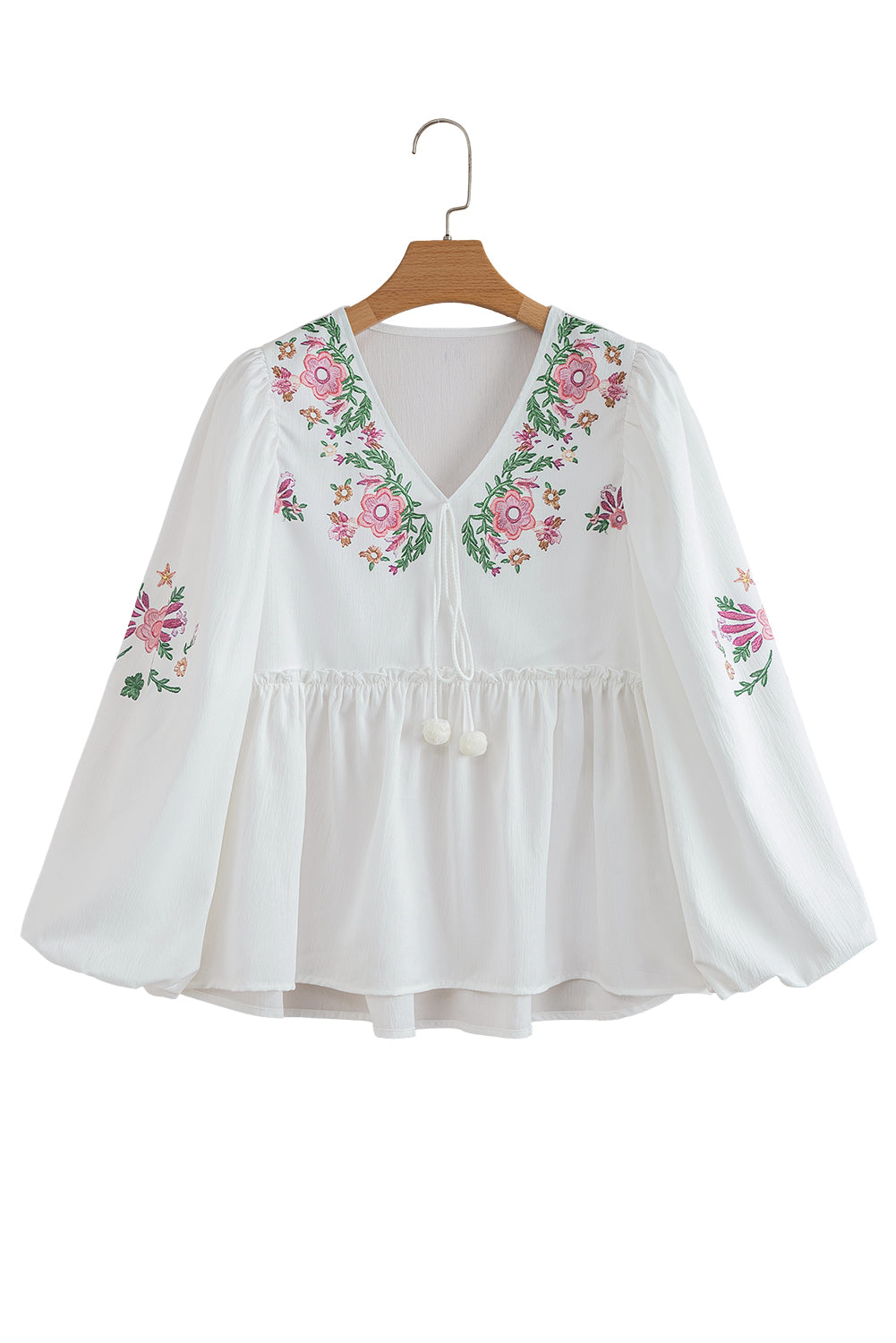 Weiße Babydoll-Bluse mit Blumenmuster und V-Ausschnitt
