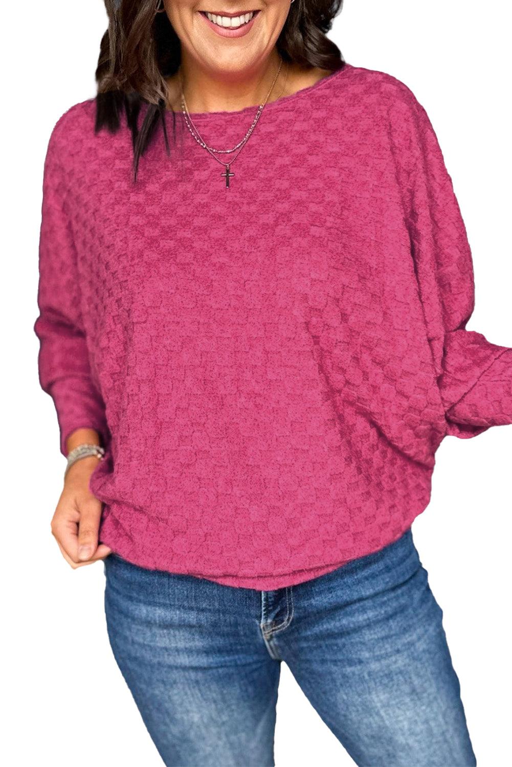 Hellrosa kariertes Oberteil mit Dolman-Ärmeln