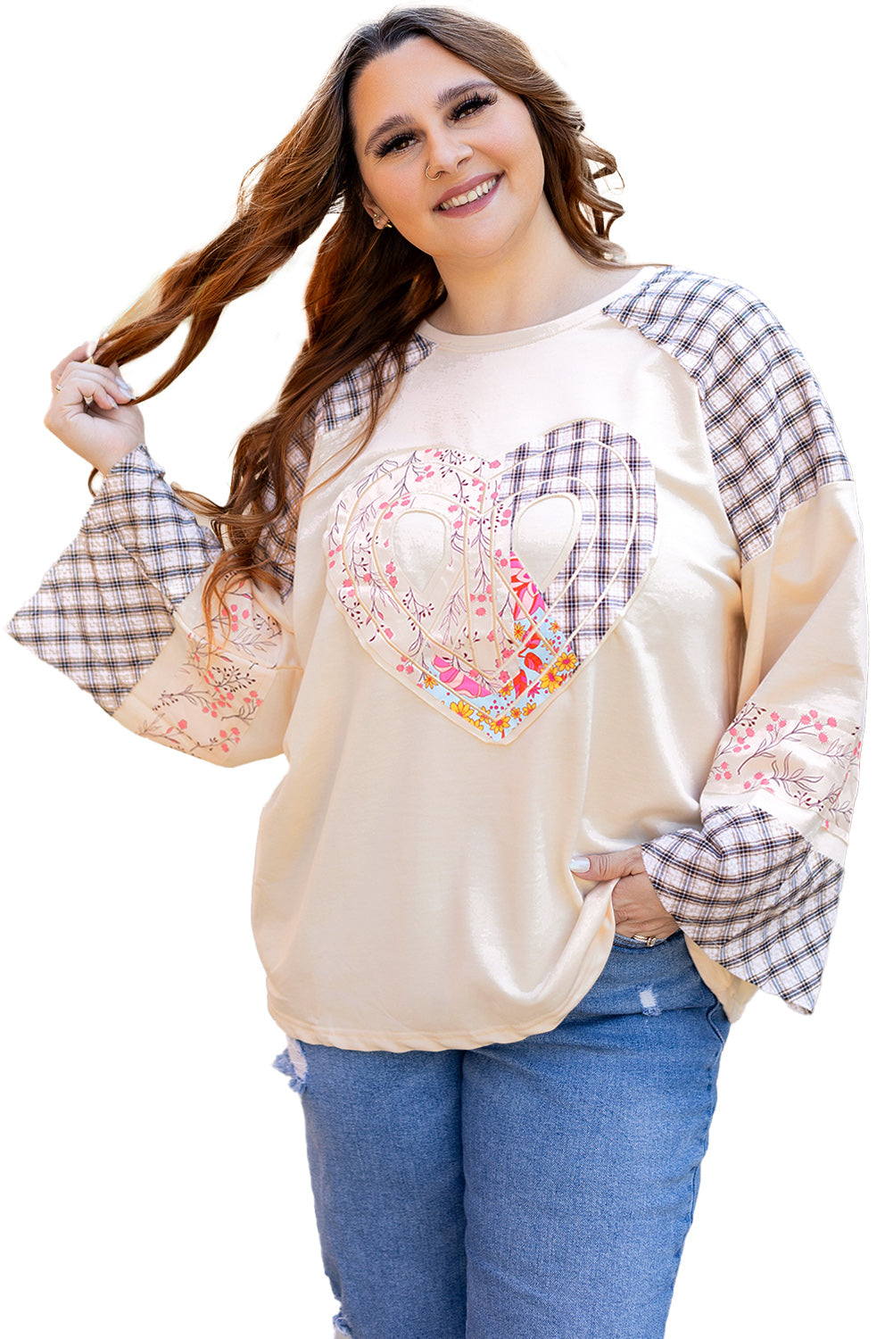 Beiges, kariertes, florales Langarm-Top mit Peace-Herz-Grafik