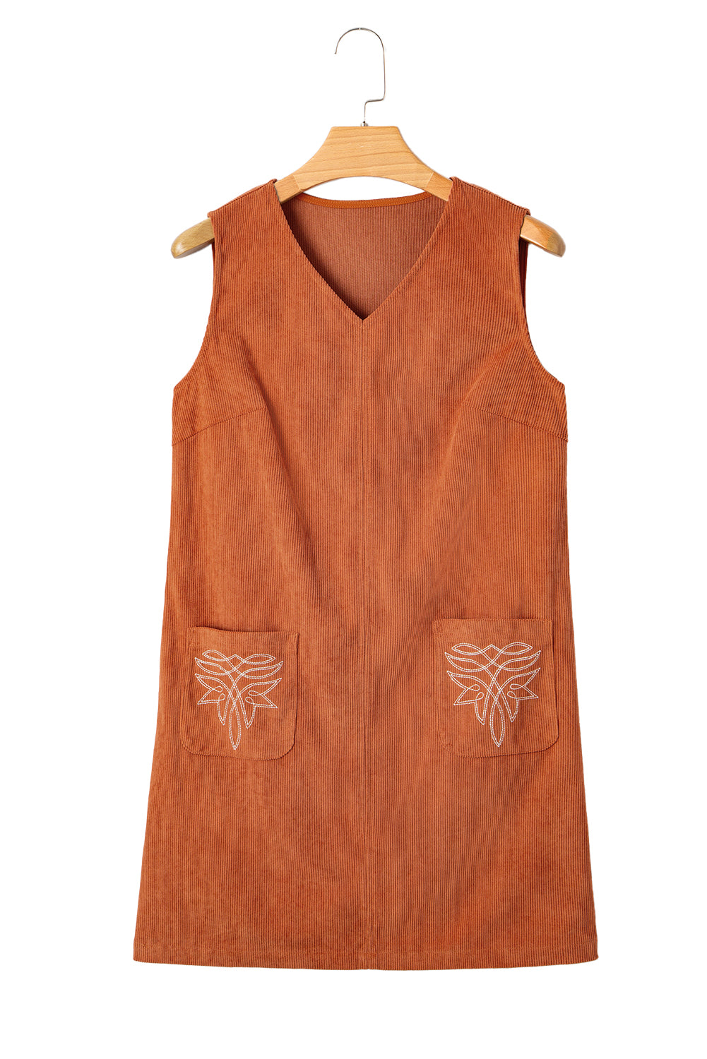 Gold Flame Corduroy Western Embroidered Patched Pocket Shift Sleeveless Mini Dress