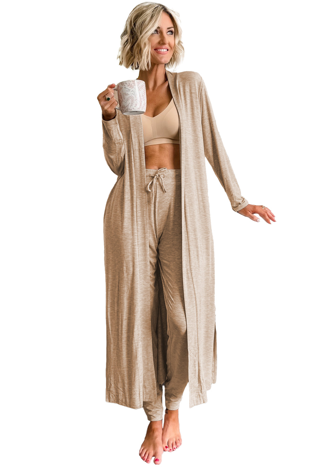 Lounge-Set aus langem Cardigan mit Schlitz und Skinny-Hose aus Pergament