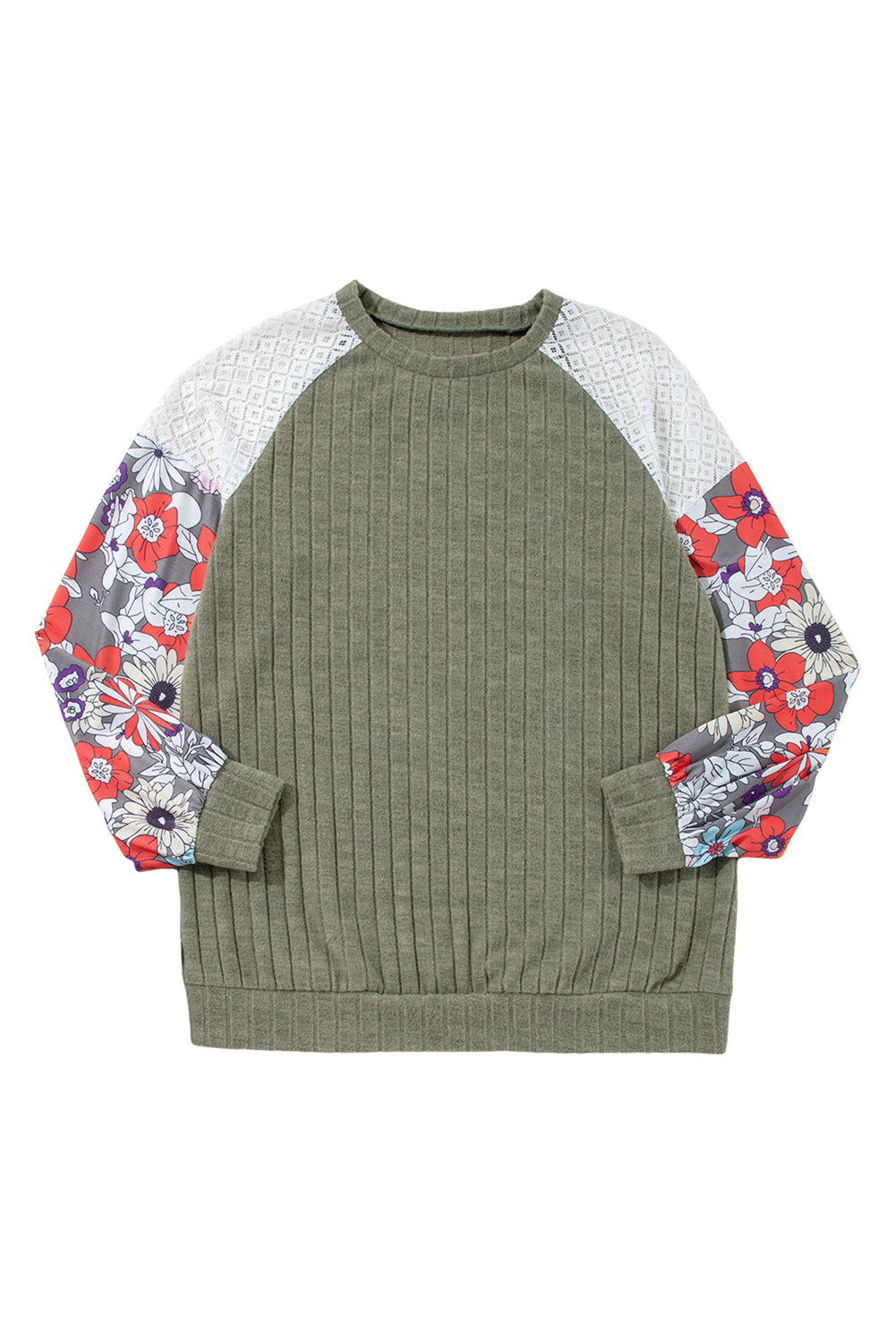 Laurel Green – Langärmlige, gerippte Bluse mit Blumen-Patchwork