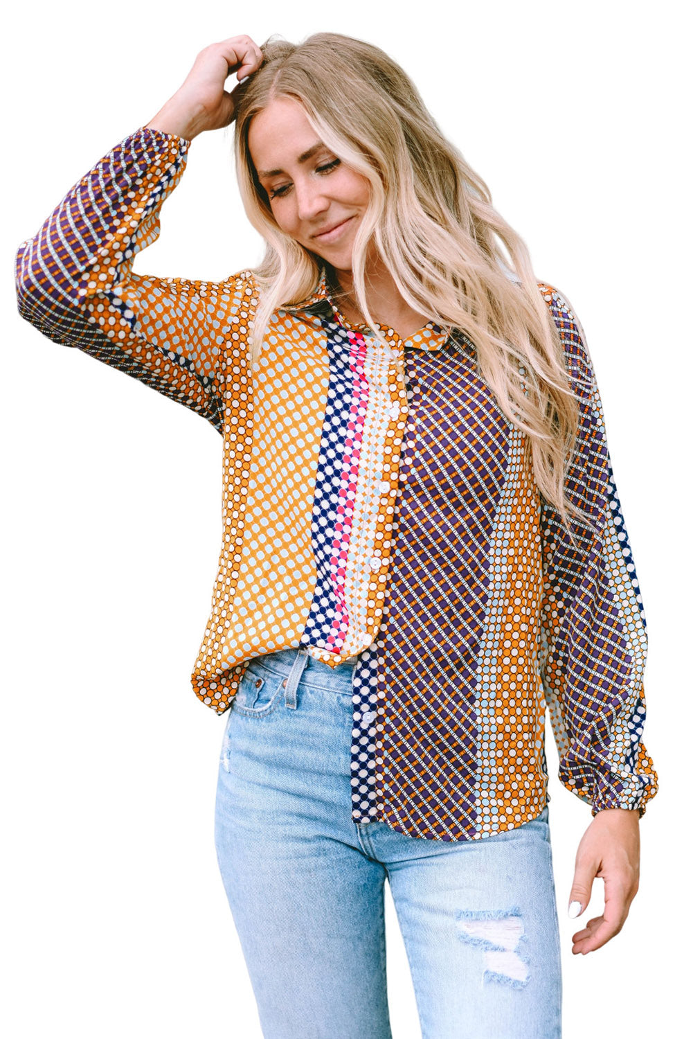 Braunes langärmliges Button-Down-Etuihemd mit Punktmuster