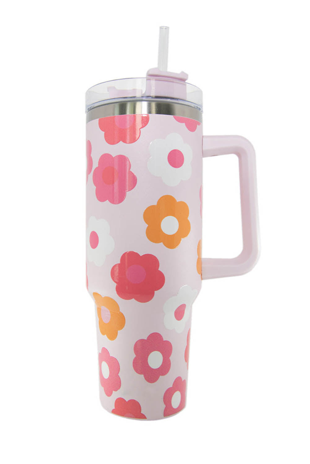 Vakuumbecher aus Edelstahl mit mehrfarbigem Blumendruck und Griff, 40 oz