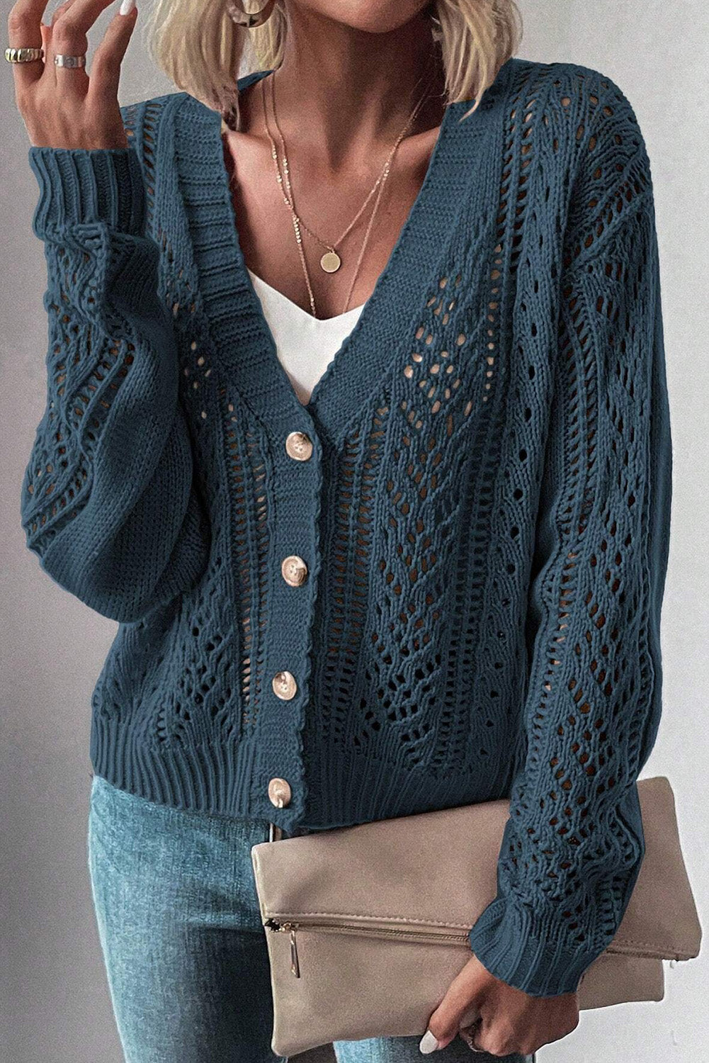 Real Teal Offener Strickpullover mit überschnittenen Schultern