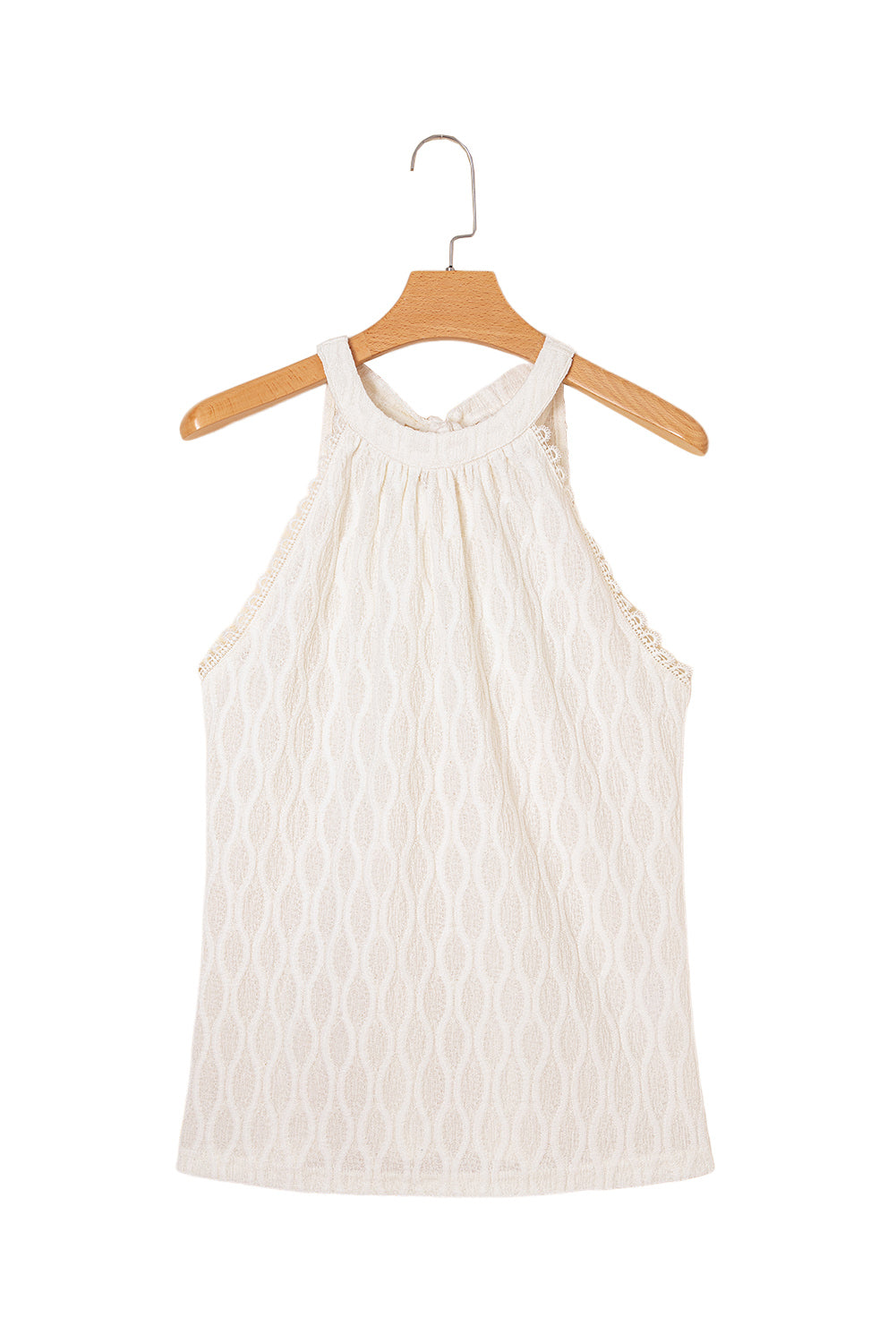 Beige Frenchy Lace Trim Textured Halter Tank Top