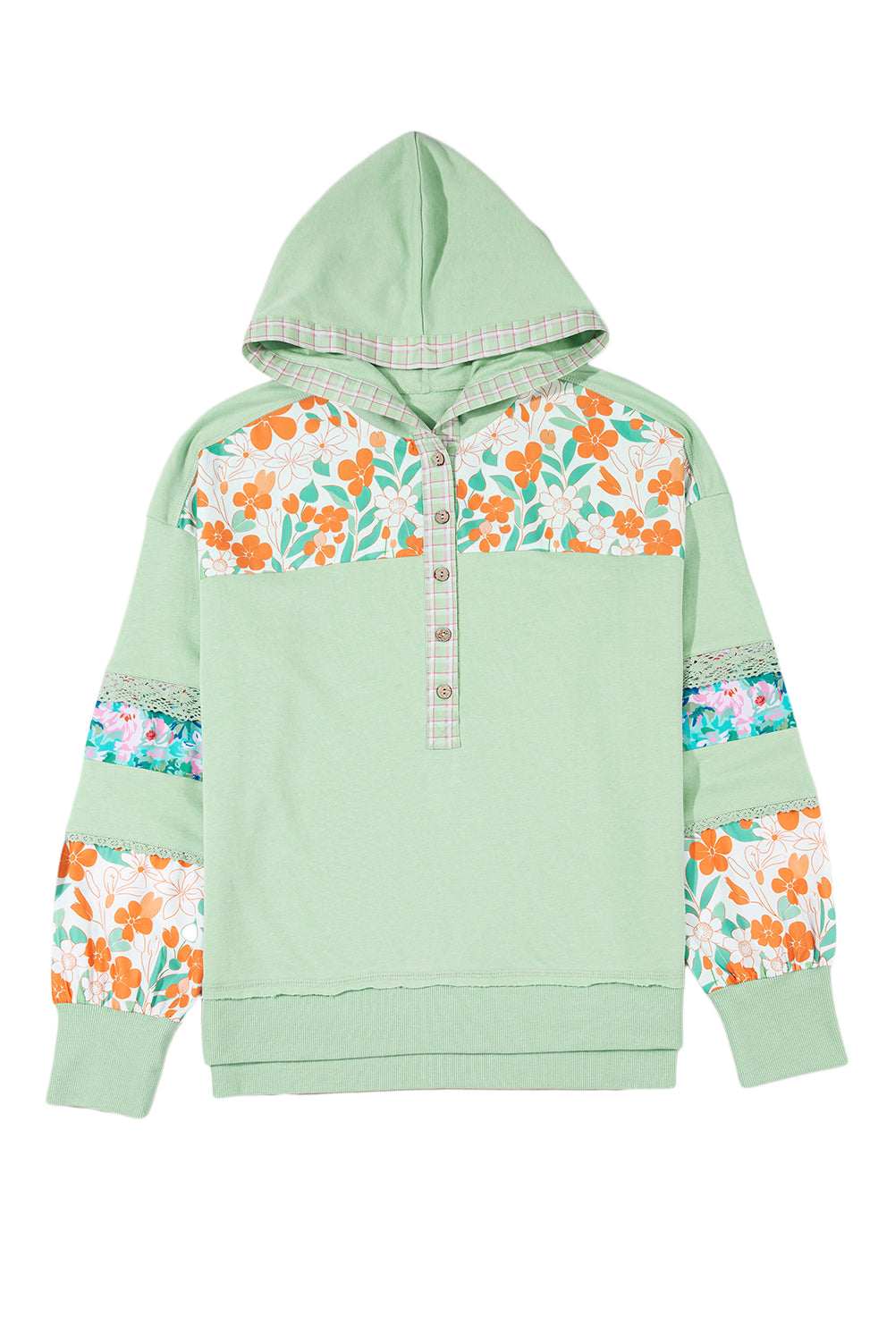Clearly Aqua Lace Floral Patchwork Half Button Hooded Pullover