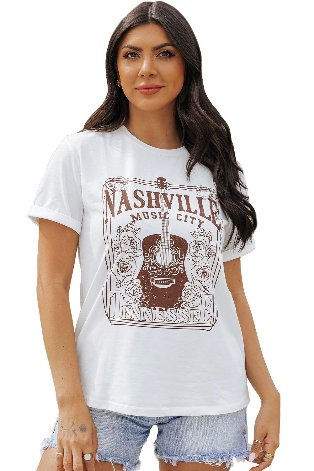 Weißes T-Shirt mit Rundhalsausschnitt und Grafik „NASHVILLE MUSIC CITY“