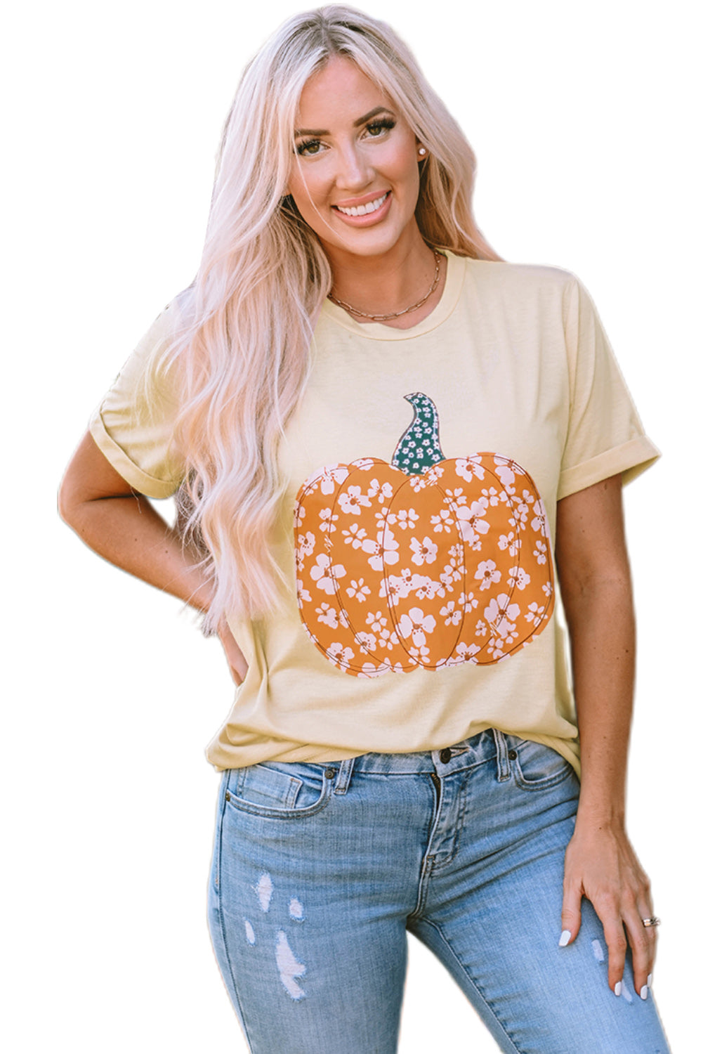 Khakifarbenes T-Shirt mit süßem Blumen- und Kürbis-Grafik