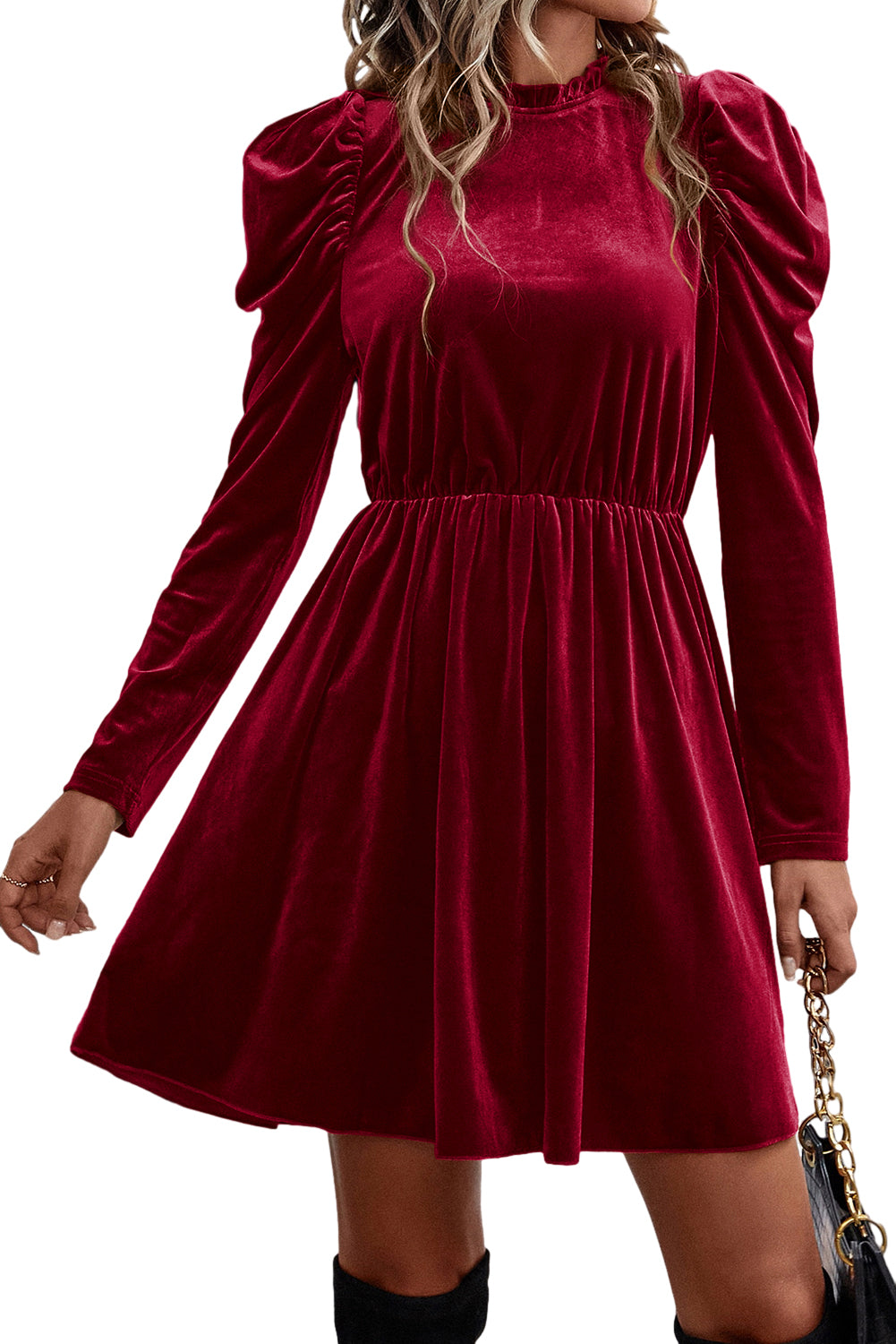 Red Dahlia – Swing-Kleid aus Samt mit Rüschenkragen und Gigot-Ärmeln