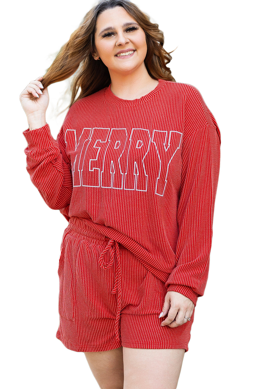 Racing Red MERRY Rippstrick-Set mit langen Ärmeln und Schnürung in der Taille in Übergröße
