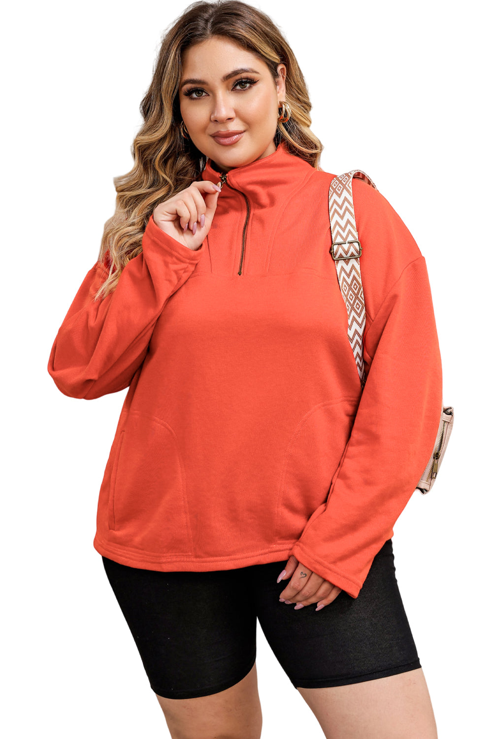 Oranges Sweatshirt mit O-Ring-Reißverschluss und Taschen in Übergröße