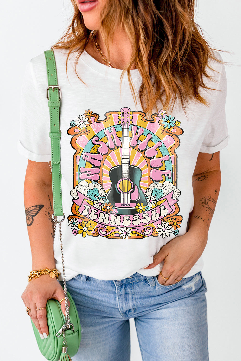 Weißes Country-Musik-T-Shirt mit NASHIVILLE-Gitarrengrafik