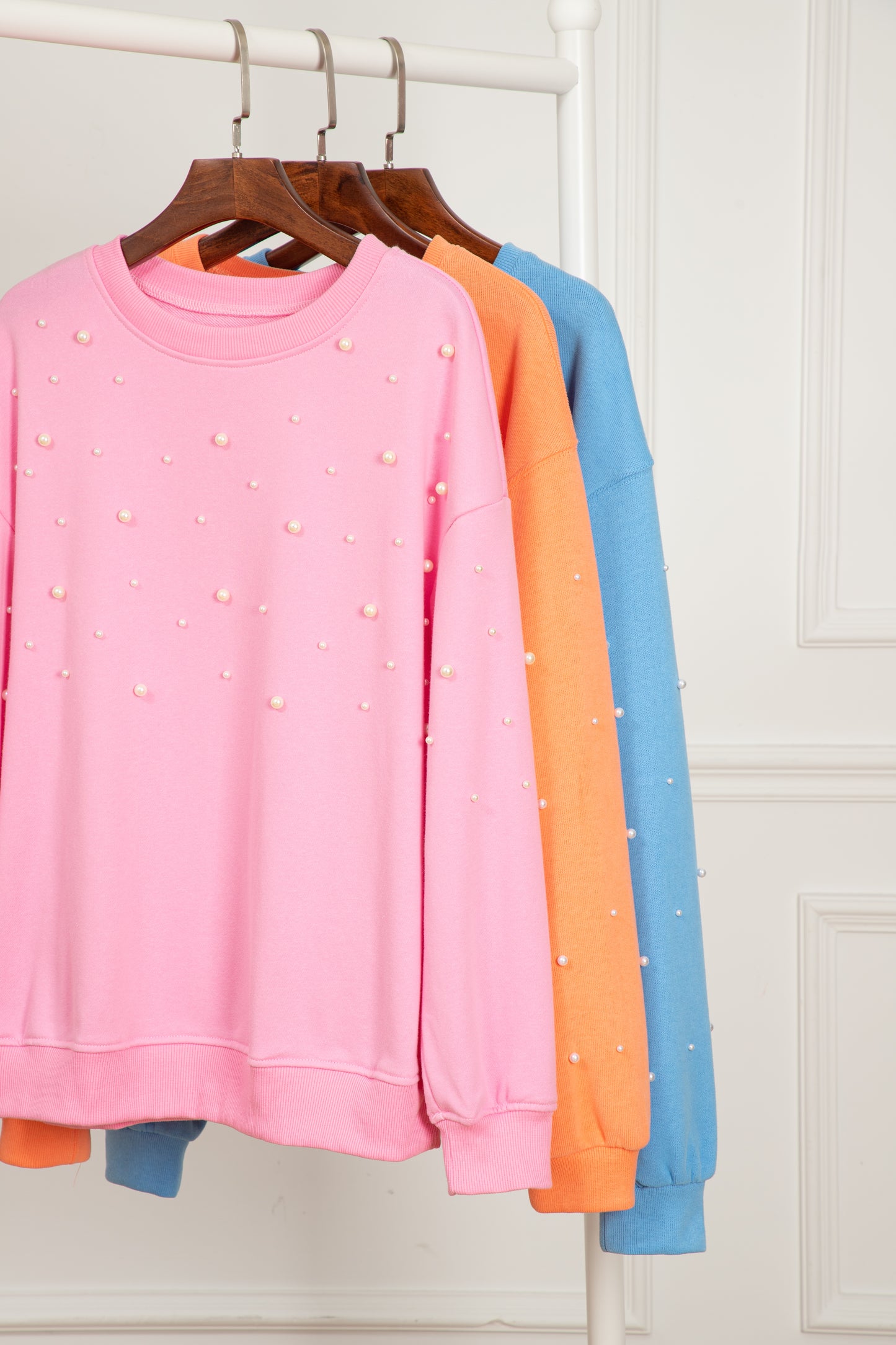 Myosotis Pullover mit Perlenärmeln, überschnittener Schulter und Rundhalsausschnitt