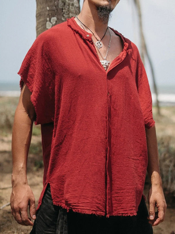 Herrenhemd aus Baumwolle und Leinen, kurzärmelig, Strickjacke, einfarbig, lässig, lockeres T-Shirt