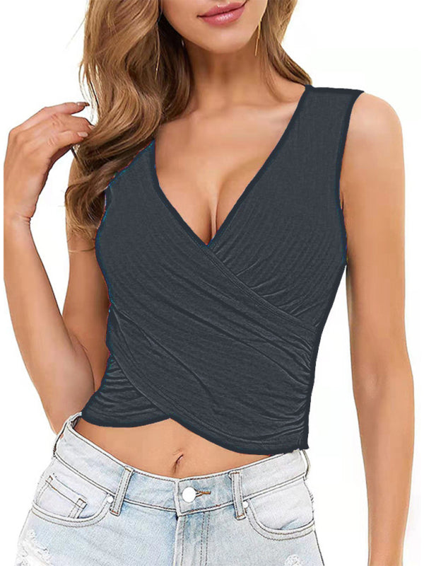 Frühling Sommer Damen Top Einfarbig Kurze Sexy Schlank Kreuz Plissee Weste