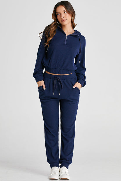 Marineblaues Set aus kurzem Hoodie und Jogginghose mit Kordelzug