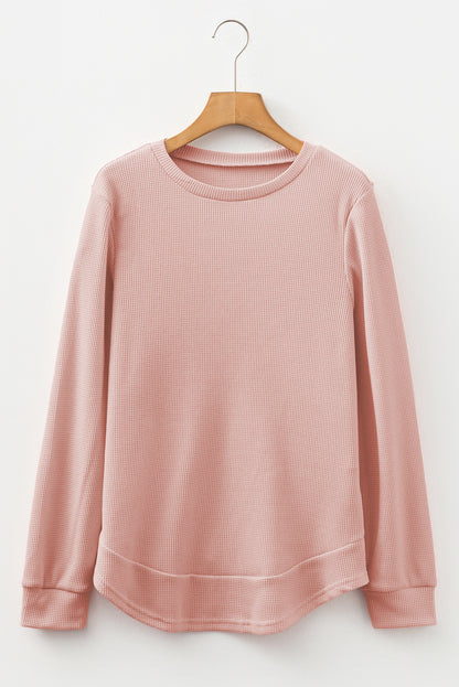 Gossamer Pink Rounded Hem Waffle Long Sleeve Top