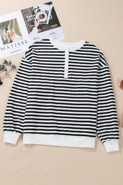 Weißes, gestreiftes, farbiges Block-Sweatshirt mit Rundhalsausschnitt und Knöpfen