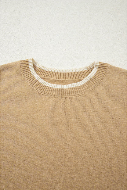 Tan Leopard Bow Decor Split Cuff Contrast Trim Sweater