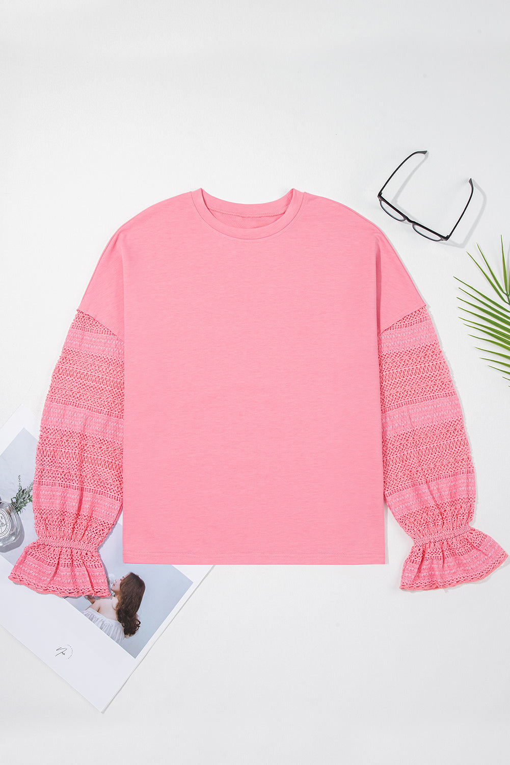 Sachet Rosa Tropfen Schulter Spitze Rüschen Ärmel Patchwork Lose Sweatshirt