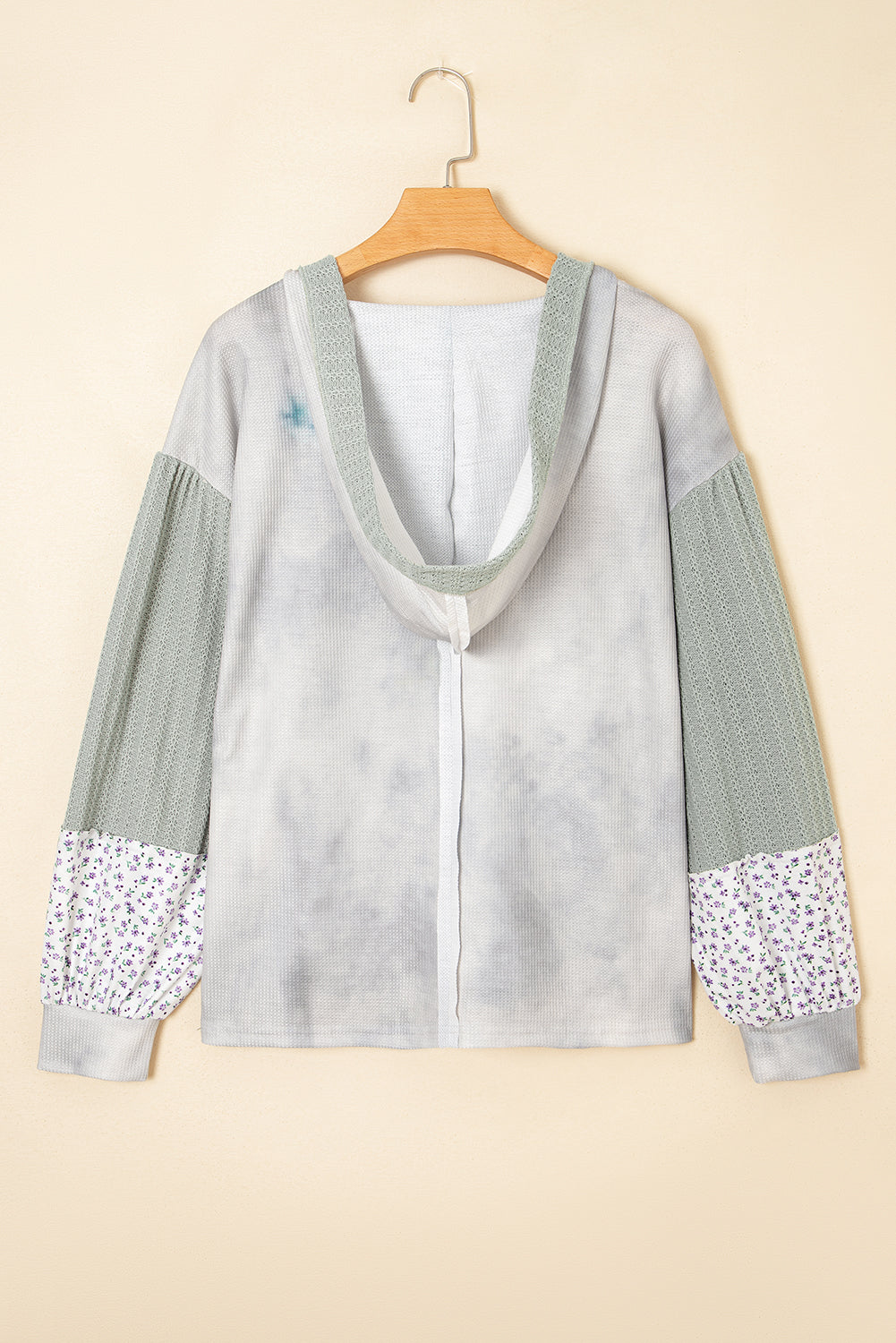 Green Floral Patched Waffle Textured Colorblock V Neck Casual Hooded Top