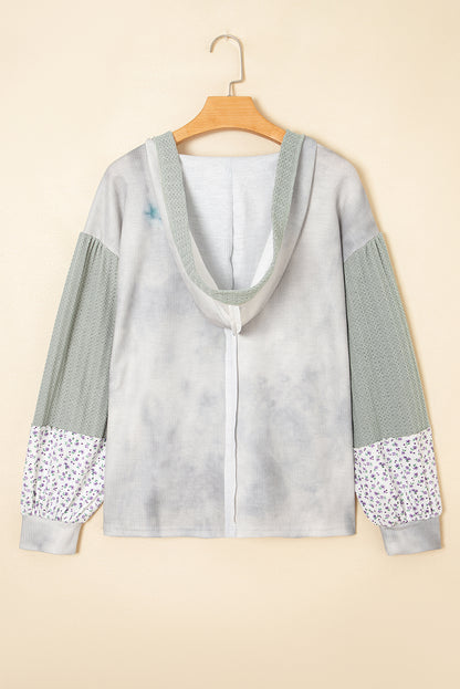 Green Floral Patched Waffle Textured Colorblock V Neck Casual Hooded Top