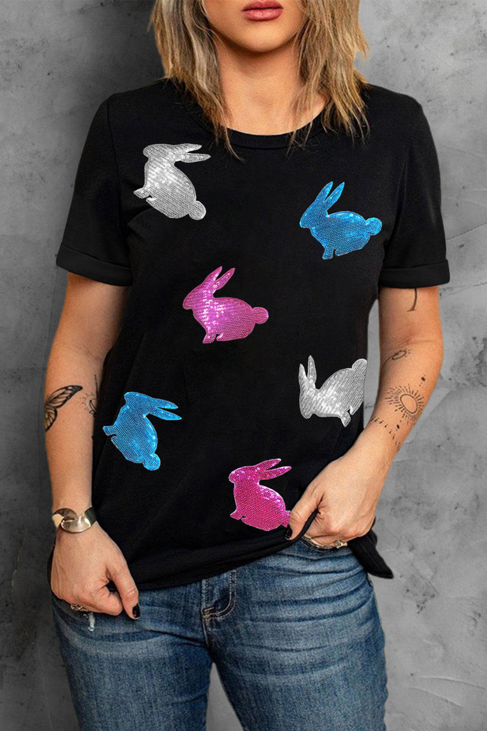 Schwarzes Glitzer-Osterhasen-T-Shirt mit Rundhalsausschnitt