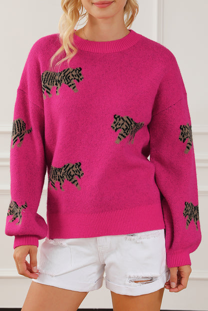 Rosaroter, lässiger Strickpullover mit wildem Tiermuster
