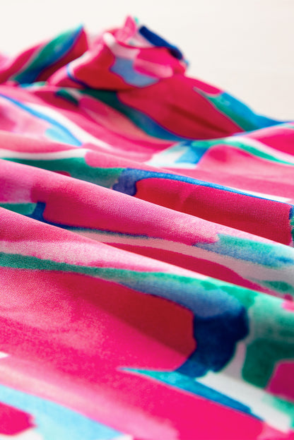 Bluse mit V-Ausschnitt und abstraktem Pinseldruck und Rüschenärmeln