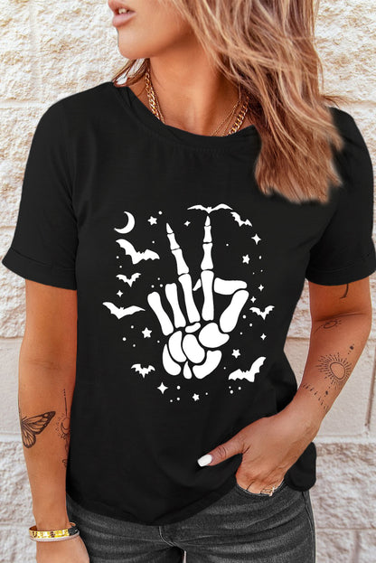 Schwarzes Halloween T-Shirt mit Fledermaus &amp; Skeletthand-Grafik
