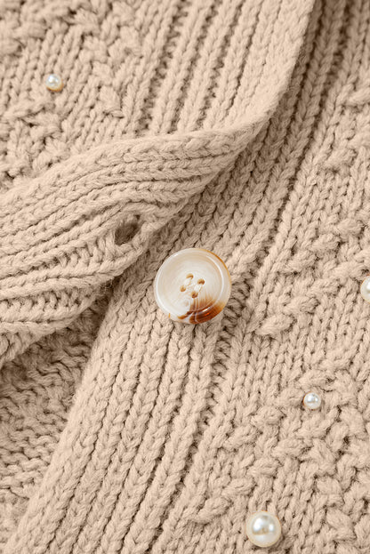 Smoke Gray Pearl Embellished Button Front V Neck Sweater Cardigan