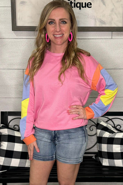 Pinkes French-Terry-Oberteil mit Farbblockdesign und Candy-Muster