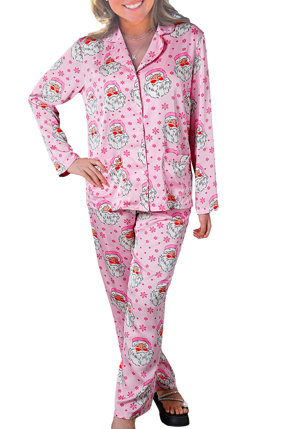 Rosa Weihnachtsmann Schneeflocke Langarmshirt Weihnachtspyjama-Set