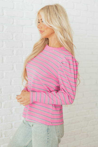 Rose Stripe Textured Knit Round Neck Long Sleeve Top