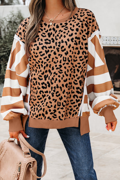 Khaki Stripe Color Block Patchwork Leopard Casual Sweatshirt with Slits