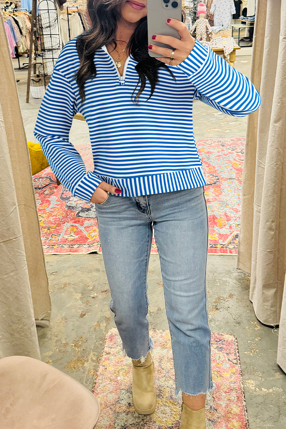 Blue Stripe Quarter Zip Collar Pullover Long Sleeve Top