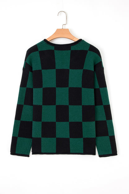 Green Checked Notched Neckline Drop Shoulder Knit Sweater