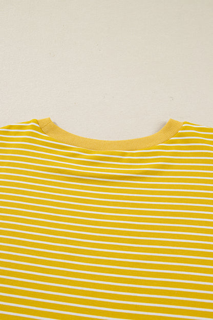 Yellow Stripe Striped Contrast Floral Sleeve Patchwork Plus Size Loose Top