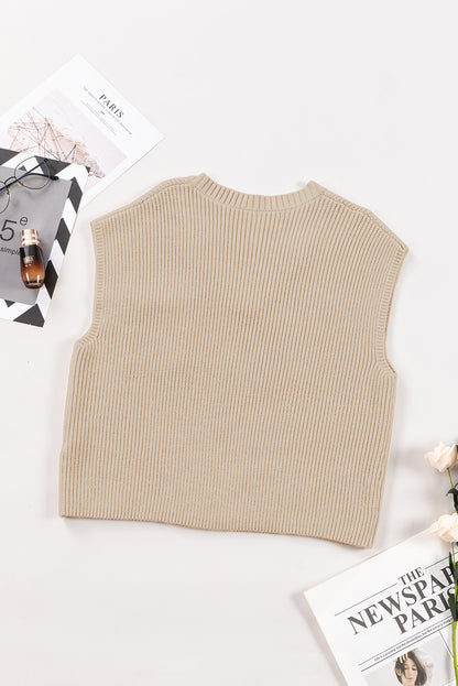 Aprikosenfarbener Pullover mit Brusttasche, V-Ausschnitt, gerippten Flügelärmeln