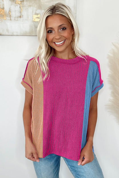 Rosarotes strukturiertes Colorblock-T-Shirt mit Rundhalsausschnitt