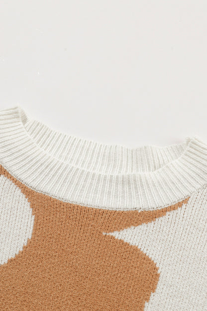 Khakifarbener Pullover mit überschnittener Schulter und großem Blumenmuster