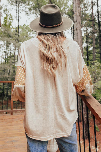 Jet Stream – Lockere Bluse mit Palmenblättern und Punkten, Puffärmeln, Patchwork, V-Ausschnitt