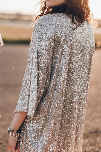 Aprikosenfarbener Kimono mit Pailletten und 3/4-Ärmeln und offener Vorderseite